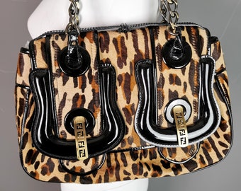 Vintage Fendi Leopard print B bag, Black patent leather