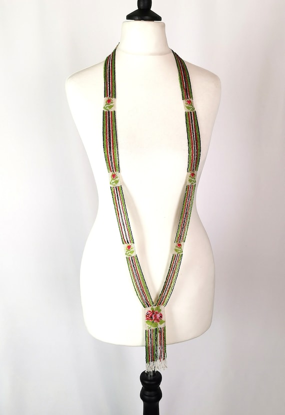 Vintage Art Deco glass beadwork sautoir necklace, floral, Flapper length