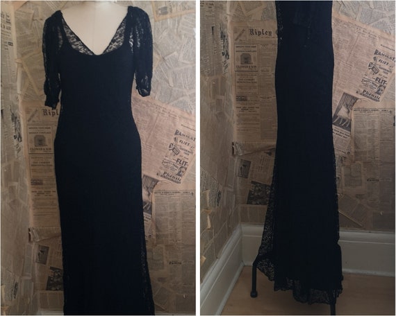 Vintage 1930's Black lace dress, bias cut gown, si