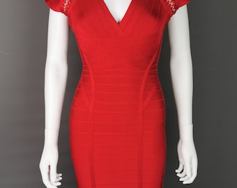 Robe Bandage Herve Leger Rouge – Taille S, Maxi Longueur, Franges Et Drapé, Neuve Avec étiquettes