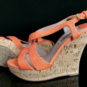 Vintage Miu Miu cork platform wedge sandals, coral leather