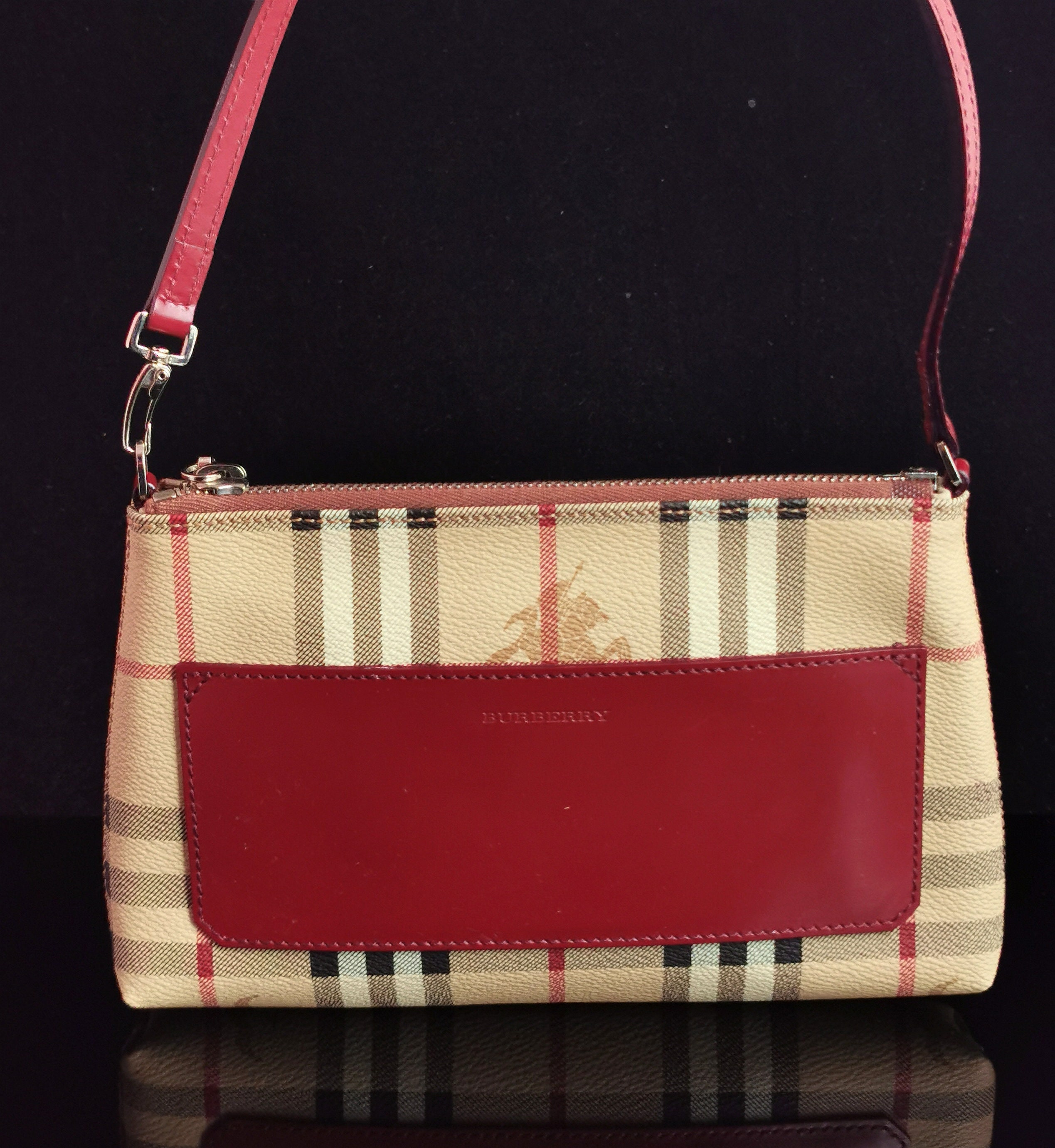 Vintage Burberry Pochette Handbag Nova Check and Red Leather 