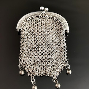 Antique French silver coin purse, mesh, beaded, Chatelaine
