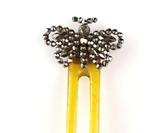 Antique Cut steel butterfly hair comb, celluloid