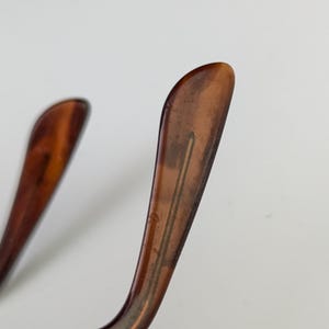 May include: Close-up of the temple arms of eyeglasses. The arms are a translucent brown with a marbled effect. The shape is curved, and the tips are rounded. The background is a plain white.