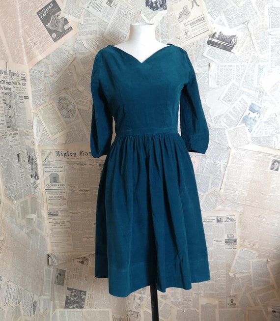 Vintage 1940s corduroy dress, forest green