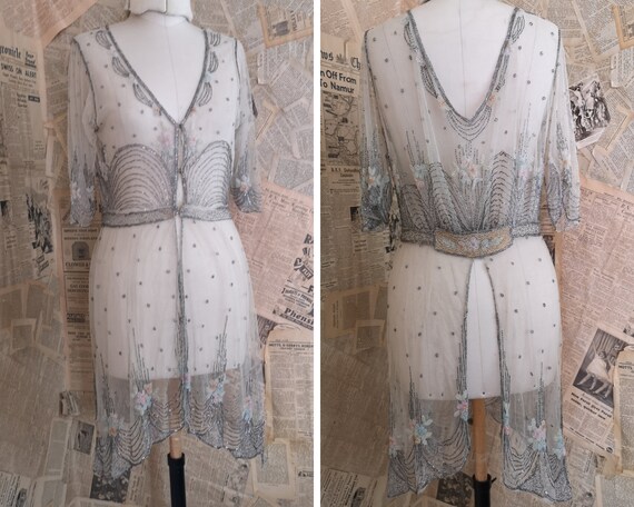 Vintage 1920's beaded dress, net lace, Art Deco