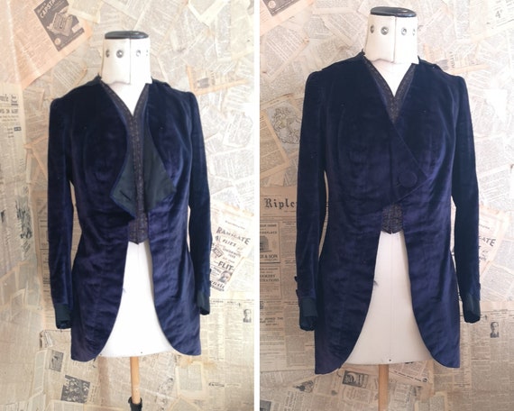Antique Edwardian ladies frock coat, blue velvet