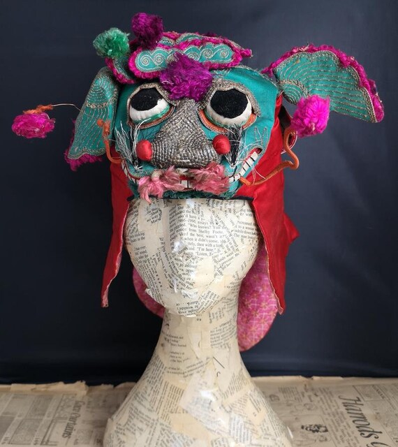 Antique Chinese dragon hat, embroidered silk, Koi