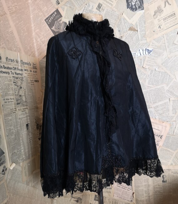 Victorian mourning cape, black taffeta and jet