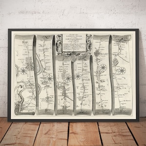 Oude wegenkaart, Londen naar Dover, 1645 - Historische A2-reiskaart Kent - Blackheath, Dartford, Rochester, Canterbury - ingelijst, ingelijst
