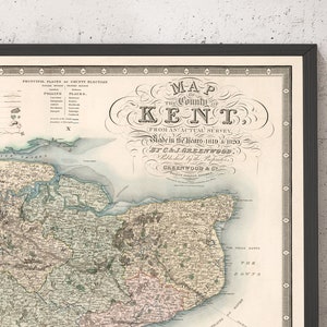 Ancienne carte du Kent, 1829 par Greenwood & Co. - Canterbury, Maidstone, Bromley, Tunbridge, Margate - Cadeau vintage personnalisé - Avec ou sans cadre