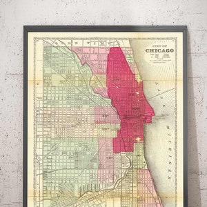Ancienne carte de Chicago après le grand incendie, 1871, Gaylord Watson - Downtown, Lake Michigan, River, Wards, Burnt District - Cadeau encadré sans cadre