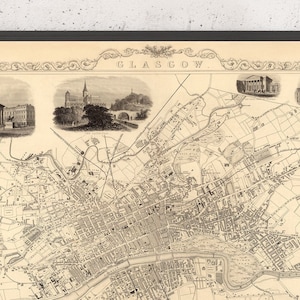Old Map of Glasgow, 1851 by Tallis & Rapkin - River Clyde, Argyle St, Central, University, Royal Exchange - Framed, Unframed