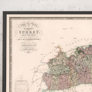 Old Map of Surrey 1829 by Greenwood & Co. - Woking, Guildford, Croydon, Richmond - Personalised Vintage Birthday Gift - Framed, Unframed