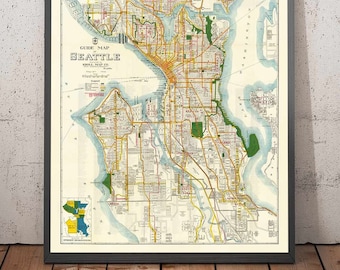 Rare Old Map of Seattle, Washington, 1929 - Downtown, Lakes, Puget, Canals, Mercer Island, City Center Chart - Framed, Unframed