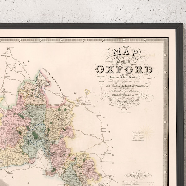 Old Map of Oxfordshire 1829 by Greenwood - Oxford, Banbury, Abingdon, Bicester, University - Personalised Birthday Gift - Framed, Unframed