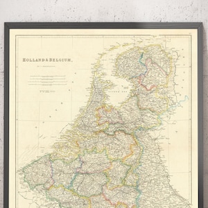 Ancienne carte des Pays-Bas et de la Belgique, 1858 - Pays-Bas, Flandre, Luxembourg, Bruxelles, Bruges, Amsterdam, Anvers - encadrée, non encadrée