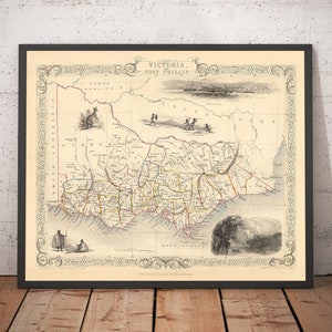 Alte Karte von Victoria, Australien von Tallis & Rapkin, 1851 - Victoria, Geelong, Bourke, Grant, Evelyn Counties - gerahmte, ungerahmte Geschenkkarte