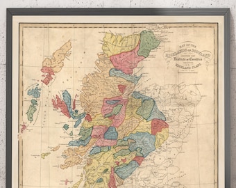 Mappa dei clan della Scozia - Rara antica mappa a colori delle Highlands scozzesi di WH Lizars, 1822 - Regalo con o senza cornice