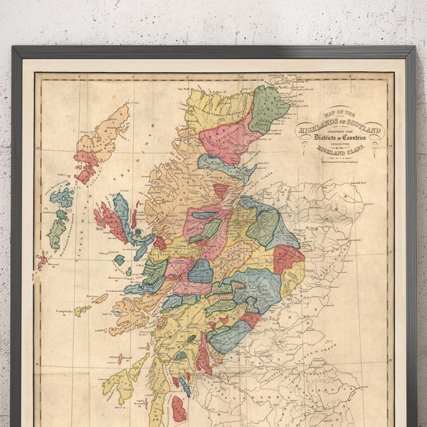 Scotland Clan Map - Rare Old Colour Map of the Highlands of Scotland by WH Lizars, 1822 - Framed or Unframed Gift