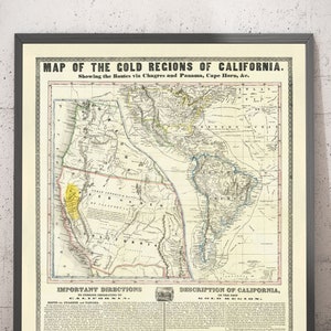 Alte Karte des Goldrausches in Kalifornien 1849 von Ensign & Thayer - Old West, Sacramento, New Mexico, Oregon, Texas - gerahmt, ungerahmt
