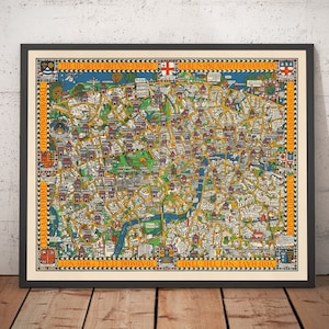 Ancienne carte de Londres, 1928 par Max Gill - Carte souterraine illustrée « Wonderground » - Hyde Park, Landmarks - Avec ou sans cadre