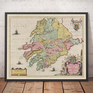 Ancienne carte de Munster, Irlande en 1665 par Joan Blaeu - County Cork, Clare, Kerry, Limerick, Tipperary, Southwest Eire - encadré, non encadré