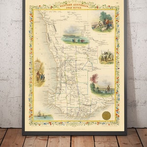 Alte Karte von Western Australias, 1851 von Tallis & Rapkin - Swan River Britische Kolonie, Perth, Peel, Bunbury, Fremantle - gerahmt, ungerahmt