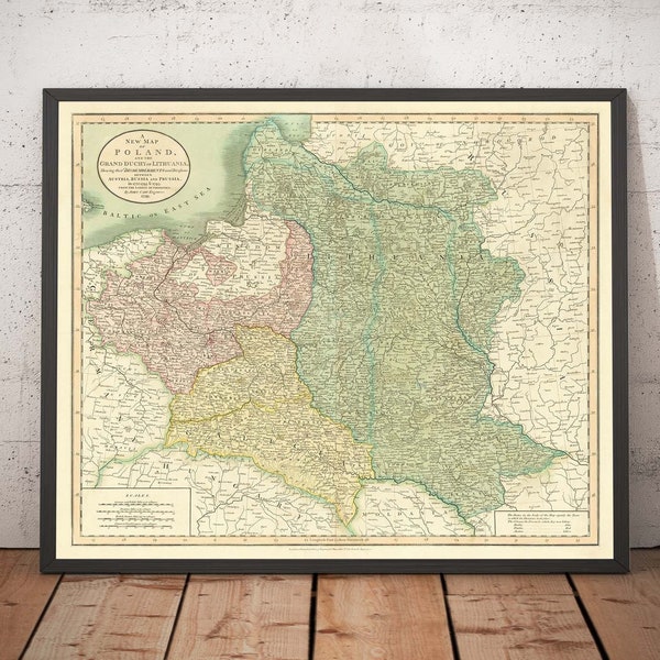 Old Map of Poland by John Cary, 1799 - Partitions of Polish-Lithuanian Commonwealth - Austria, Russia, Prussia - Framed, Unframed Gift