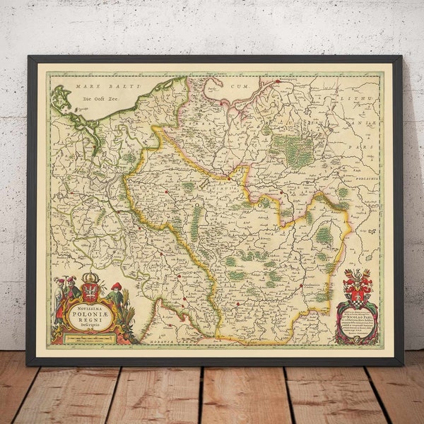Old Map of Poland by Jan Jansson, 1640 - Germany, Prussia, Lithuania, Silesia, Lusatia, Warsaw, Berlin, Krakow - Framed, Unframed Gift