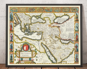 Pode incluir: Um mapa antigo do Império Otomano, impresso no século XVII, mostrando as fronteiras do Império Otomano em detalhe. O mapa está emoldurado em uma moldura preta e tem uma borda decorativa com imagens de pessoas com roupas tradicionais.