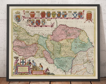 Old Map of North Yorkshire 1665 by Joan Blaeu - York, Middlesbrough, Scarborough, Whitby, Malton, Pickering, Richmond - Framed Unframed Gift