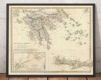 Old Map of Ancient Greece, 1829, Chart by SDUK - Crete, Aegean, Athens, Arcadia, Attica, Cyclades, Zakynthos - Framed, Unframed Gift