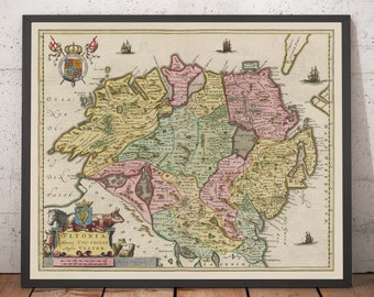 Old Map of Ulster, Ireland in 1665 by Joan Blaeu - Belfast, Derry, County Antrim & Down, Northern Eire - Framed Unframed