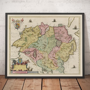 Alte Karte von Ulster, Irland im Jahr 1665 von Joan Blaeu - Beltz, Derry, County Antrim & Down, Nordirland - ohne Rahmen