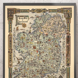 Mapa histórico de Irlanda, 1936 - Antiguo mapa pictórico de Eire - Personajes históricos, Dublín, Cork, Belfast, Bernard Shaw - Regalo con o sin marco