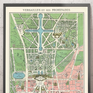 Old Map of the Palace of Versailles & Gardens, 1920 by Leconte - Paris, Grand Canal, King Louis XIV, XV, XVI - Framed, Unframed