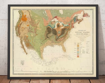 May include: A vintage geological map of the United States and British North America. The map is colour-coded to show different geological formations. The map is framed in a black frame.