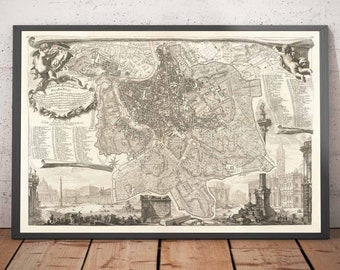 Rare Old Map of Rome, Italy by Nolli & Piranesi, 1748 - Vatican, St Peter&#39;s, Trevi Fountain, Colosseum - Framed, Unframed City Chart