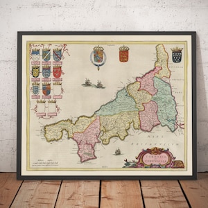Alte Karte von Cornwall im Jahr 1665 von Joan Blaeu - Penzance, St Ives, Falmouth, Lands End, Padstow, Redruth, West Country - gerahmt, ungerahmt