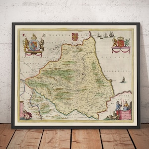 Ancienne carte du comté de Durham, 1665 par Joan Blaeu - Darlington, Stockton-on-Tees, Sunderland, Hartlepool, Newcastle, Gateshead - encadrée sans cadre