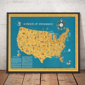 Ancienne carte des États-Unis des immigrants, 1959 par Passal - Irlandais, italien, russe, anglais, allemand, espagnol, mexicain, chinois - encadrée, non encadrée