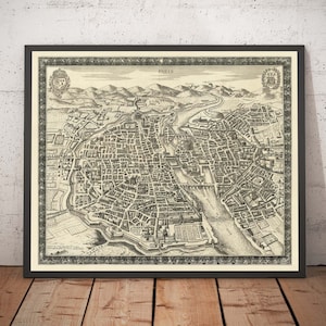 Mapa antigo de Paris, França, de Jean Sauve em 1670 - Notre Dame, Sainte-Chapelle, Île de la Cité, Bastille - Presente de gráfico antigo emoldurado e sem moldura