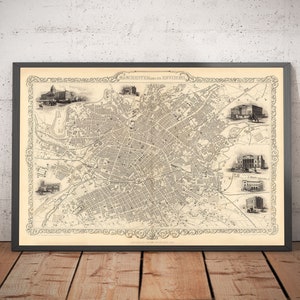 Mapa antiguo de Manchester y alrededores de John Rapkin, 1851: Ayuntamiento, Hospital Real, Estaciones de tren. Regalo enmarcado y sin enmarcar.
