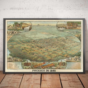 Mapa antiguo y raro de Phoenix, Arizona, de CJ Dyer, 1885. Obra maestra: vista aérea del centro de la ciudad. Población: 3000 habitantes. Regalo con marco y sin marco.