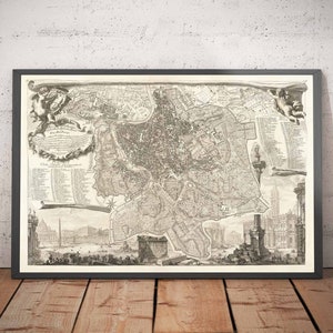 Rara antica mappa di Roma, Italia di Nolli e Piranesi, 1748 - Vaticano, San Pietro, Fontana di Trevi, Colosseo - Carta della città con cornice e senza cornice