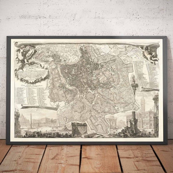 Rare Old Map of Rome, Italy by Nolli & Piranesi, 1748 - Vatican, St Peter's, Trevi Fountain, Colosseum - Framed, Unframed City Chart