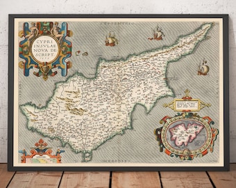 Rare Old Map of Cyprus by Abraham Ortelius, 1573 - Nicosia, Kyrenia, Famagusta, Limassol, Pafos - Framed, Unframed Island  Chart