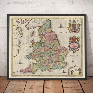 Ancienne carte de l'Angleterre et du pays de Galles en 1665 par Joan Blaeu - Tableau des chefs-d'œuvre avec les comtés anciens - encadrée, non encadrée